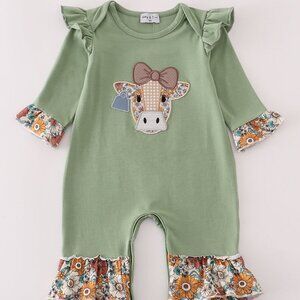 Abby and Evie Green Cow Applique Floral Print Ruffle Romper
